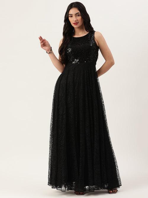 Black Sleeveless Embellished Lace Gown