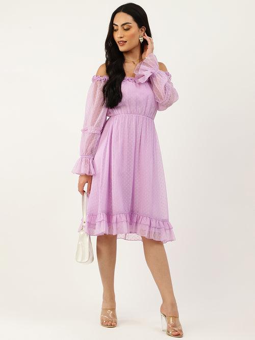 Lavender Off Shoulder Knee Length Casual Dress