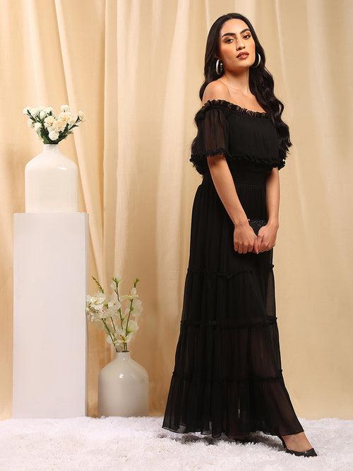 Black Chiffon Off Shoulder Midi Dress