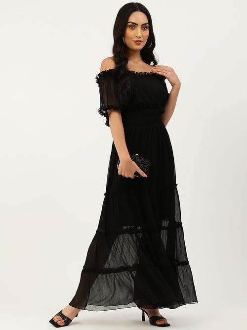 Black Chiffon Off Shoulder Midi Dress