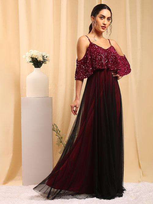 Trendy Divva Pink Embellished Maxi Dress with Cold Shoulder Sleeves