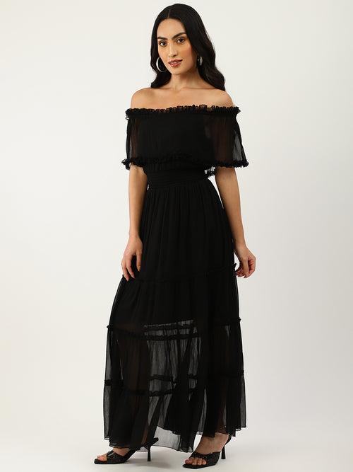 Black Chiffon Off Shoulder Midi Dress