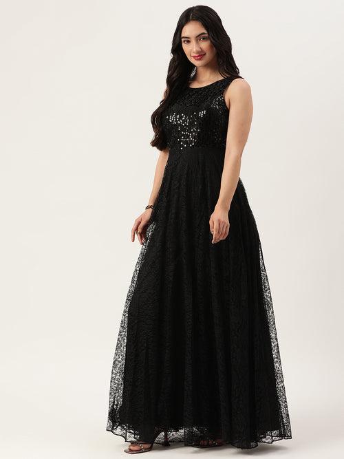 Black Sleeveless Embellished Lace Gown