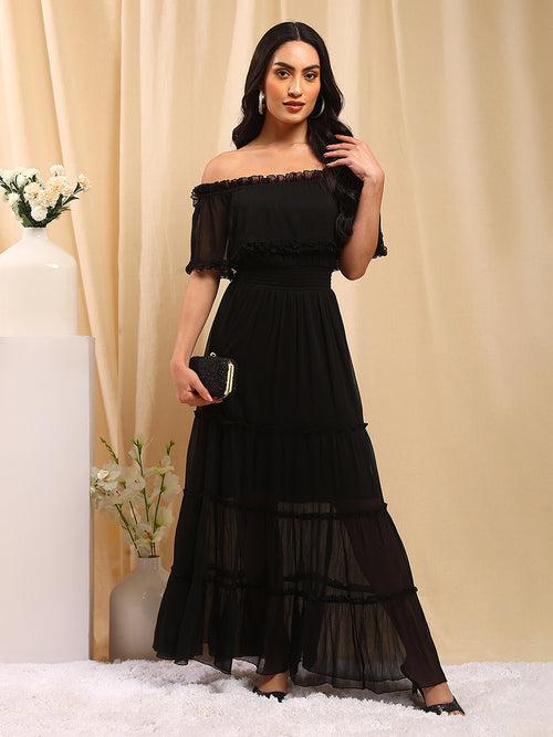 Black Chiffon Off Shoulder Midi Dress