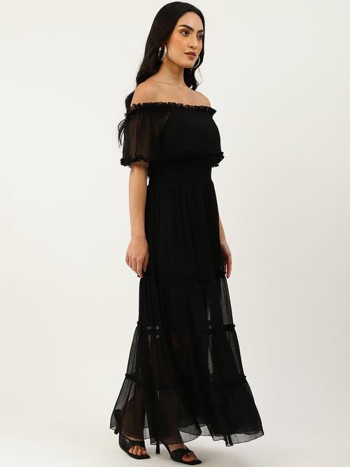 Black Chiffon Off Shoulder Midi Dress