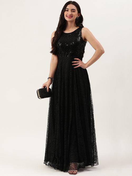 Black Sleeveless Embellished Lace Gown