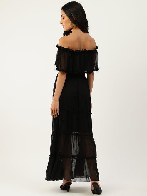 Black Chiffon Off Shoulder Midi Dress