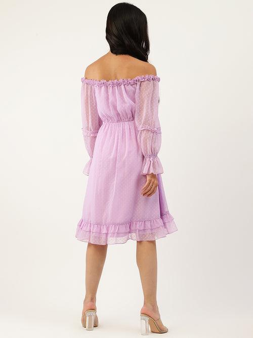 Lavender Off Shoulder Knee Length Casual Dress