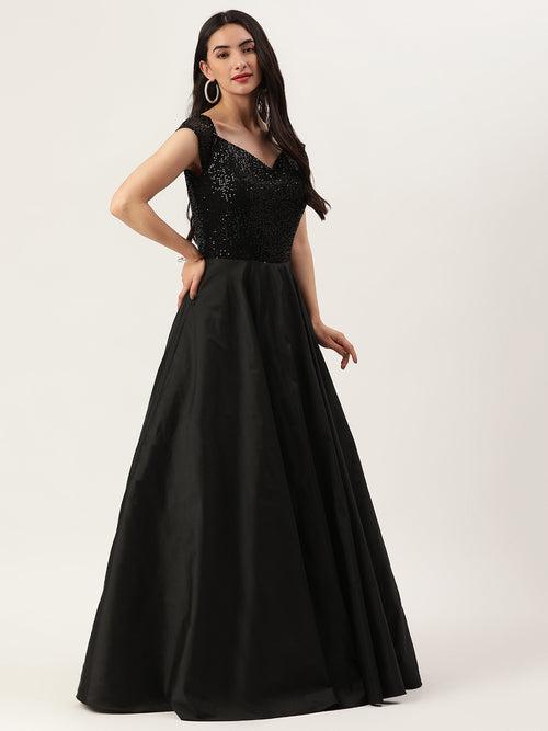 Black Off Shoulder Embellished Gown