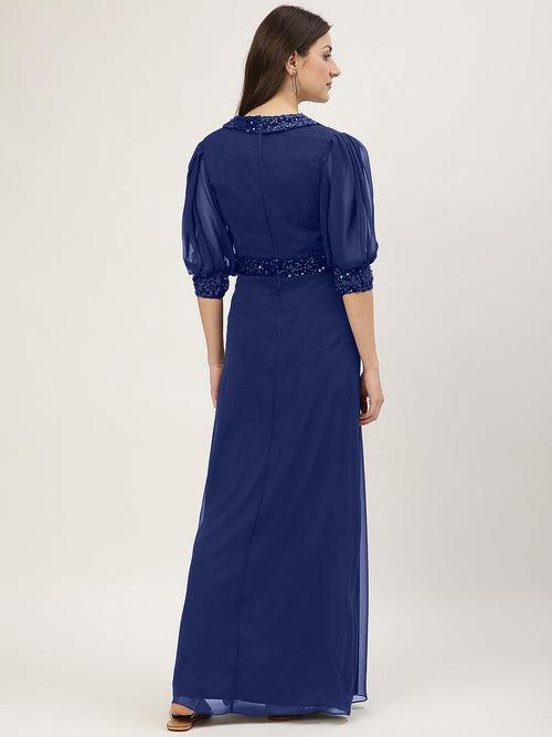 Navy Blue Embellished Slit Long Dress with 3/4 Sleeves