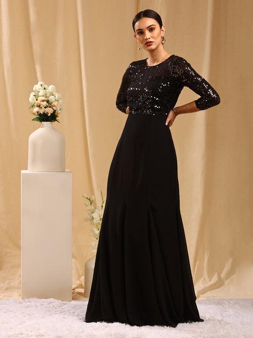Black Embellished Gown with 3/4 Sleeves
