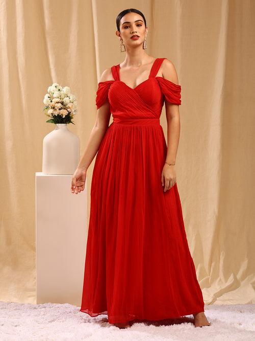 Red Chiffon Drop Sleeve Maxi Dress