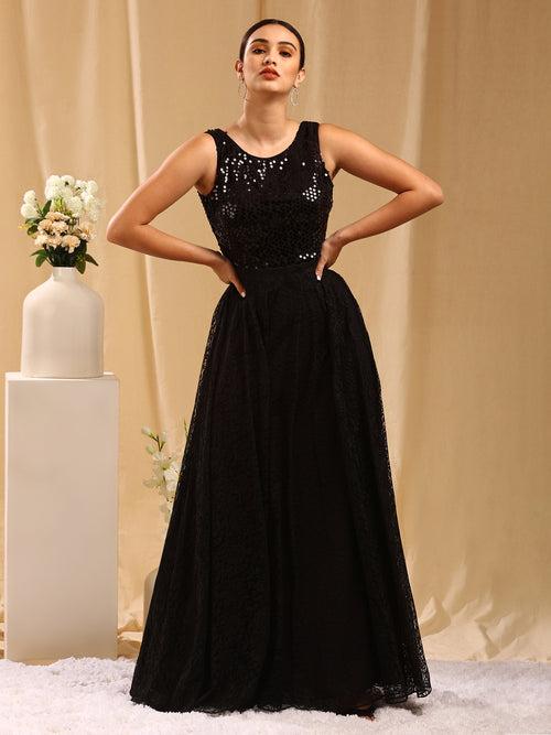 Black Sleeveless Embellished Lace Gown
