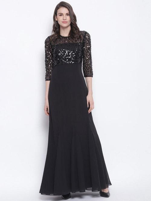 Black Embellished Gown with 3/4 Sleeves