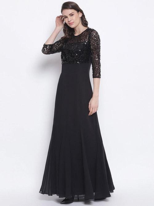 Black Embellished Gown with 3/4 Sleeves