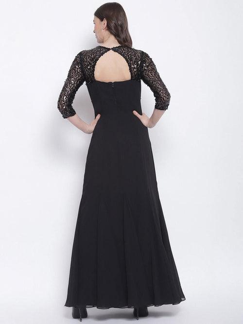 Black Embellished Gown with 3/4 Sleeves