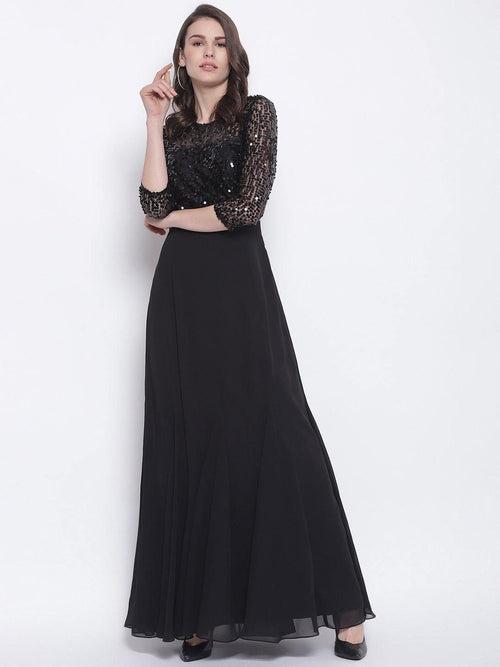 Black Embellished Gown with 3/4 Sleeves