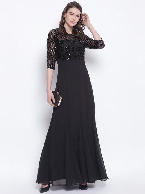 Black Embellished Gown with 3/4 Sleeves