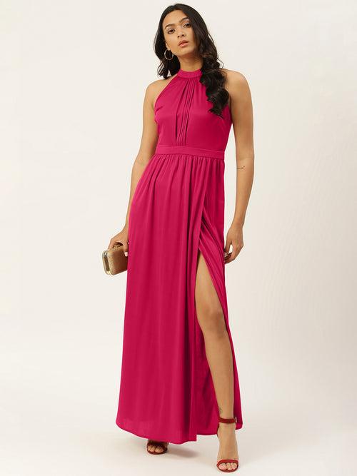 Halter Neck Pink Slit Maxi Dress