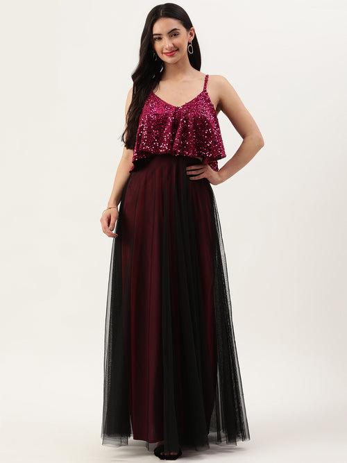 Trendy Divva Pink Embellished Maxi Dress with Cold Shoulder Sleeves