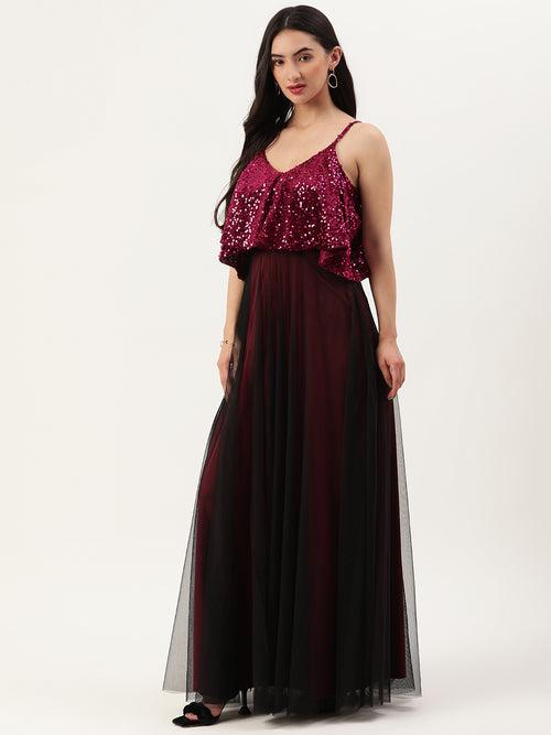 Trendy Divva Pink Embellished Maxi Dress with Cold Shoulder Sleeves