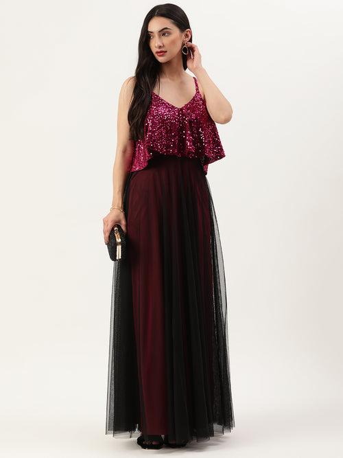 Trendy Divva Pink Embellished Maxi Dress with Cold Shoulder Sleeves