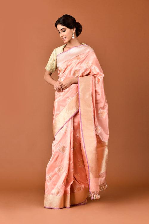 Banarasi Katan Silk Silver and Gold Cluster Roses Saree