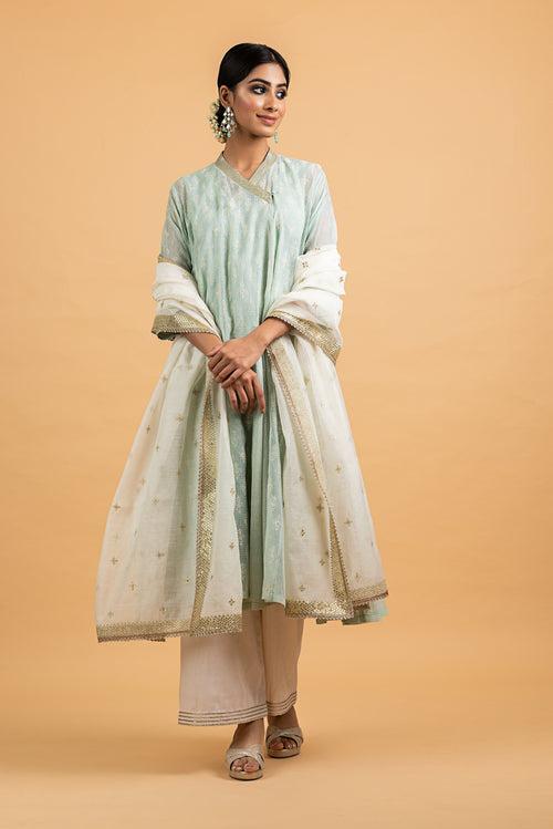 Kota Silk Choga Off White Khadi Print With Embroidery Highlighting Outfit