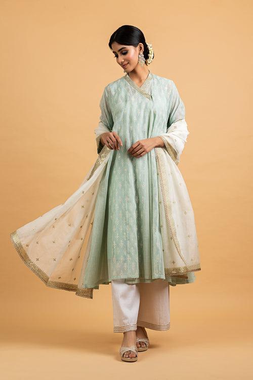 Kota Silk Choga Off White Khadi Print With Embroidery Highlighting Outfit