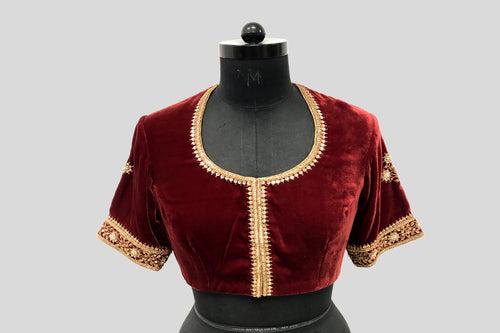 Velvet Dori Embroidery Flower Border Buti Blouse Maroon