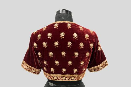 Velvet Dori Embroidery Flower Border Buti Blouse Maroon