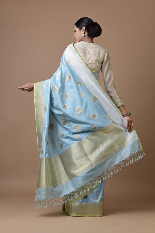 Banarasi Katan Silk Silver and Gold Cluster Roses Saree