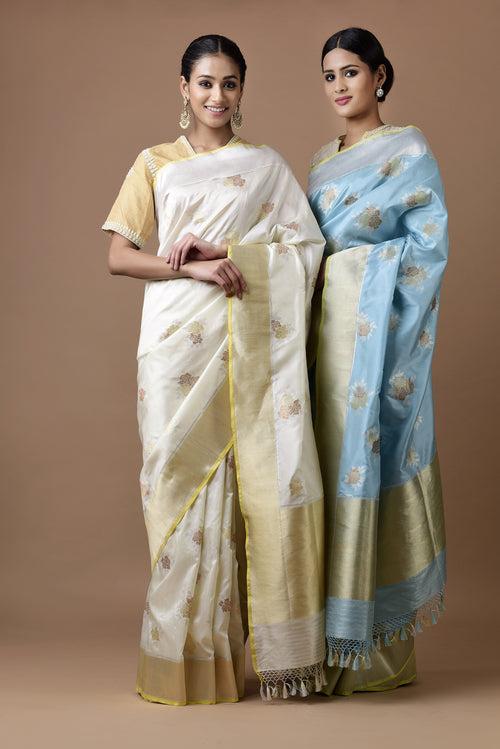 Banarasi Katan Silk Silver and Gold Cluster Roses Saree