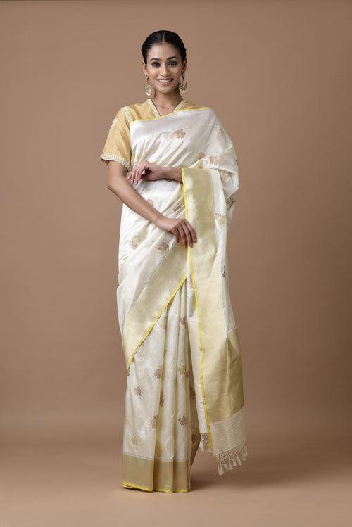 Banarasi Katan Silk Silver and Gold Cluster Roses Saree