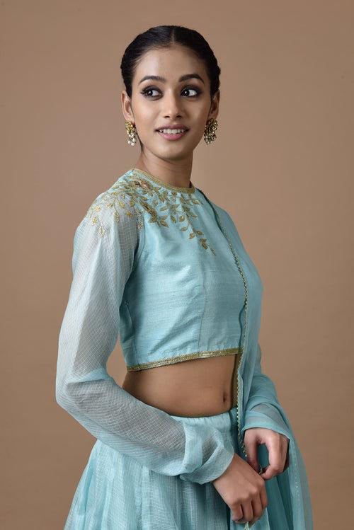 Kota Silk  Layered Skirt With  Churi Sleeve Blouse Rose Jaal Placement Design Aqua