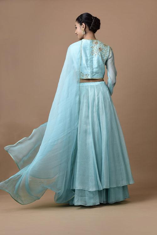 Kota Silk  Layered Skirt With  Churi Sleeve Blouse Rose Jaal Placement Design Aqua