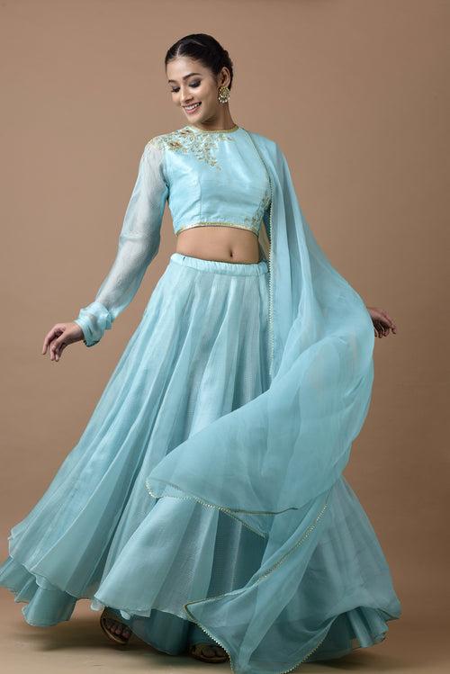 Kota Silk  Layered Skirt With  Churi Sleeve Blouse Rose Jaal Placement Design Aqua