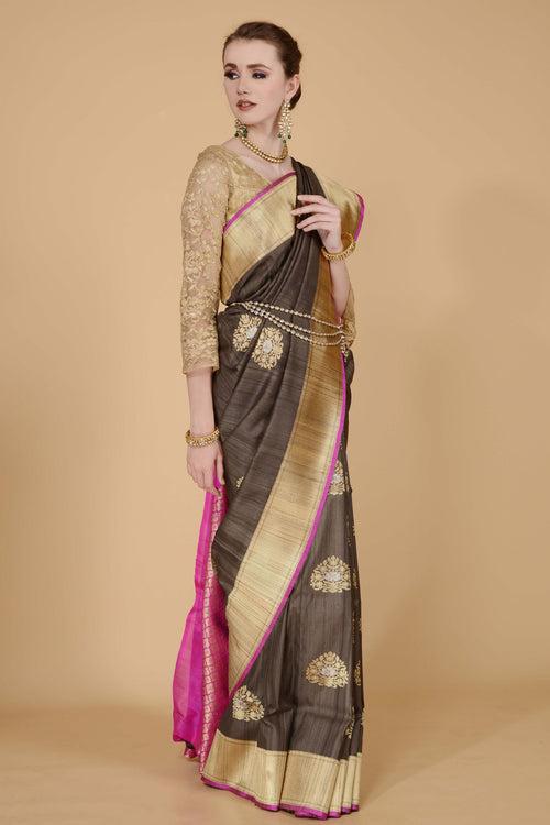 Dark Olive Green with Pink Border Saree