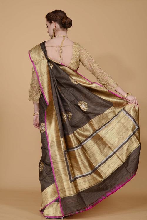 Dark Olive Green with Pink Border Saree