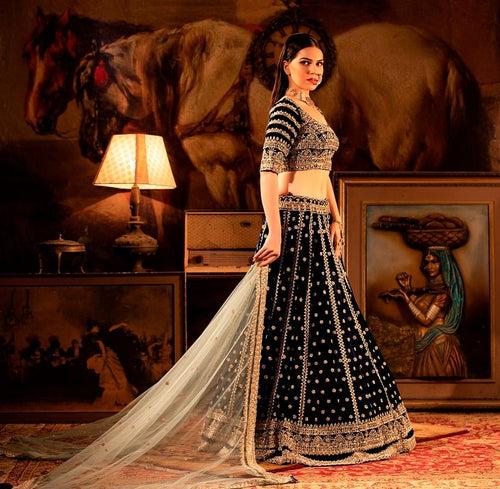 Mid-night Blue Velvet Lehenga with Blue Dupatta set.