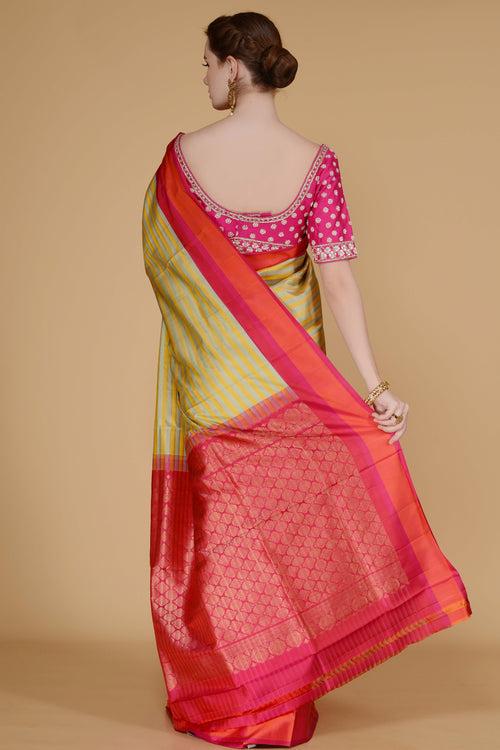 Yellow Grey with Pink and Orange Border Saree