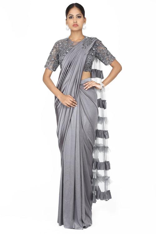 Metallic silver drape saree.
