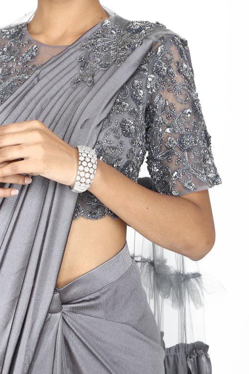 Metallic silver drape saree.