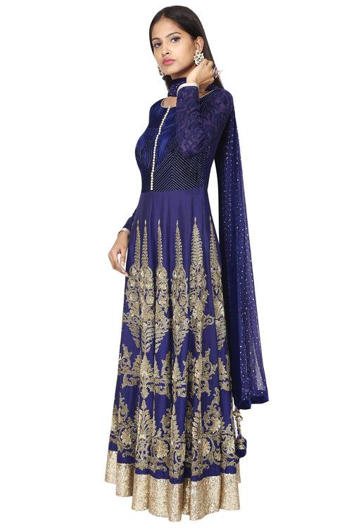 Mid-night blue anarkali with dupatta set.