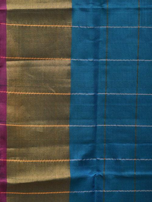 Blue and Pink Uppada Silk Handloom Saree with Checks and Contrast Pallu Design u2140