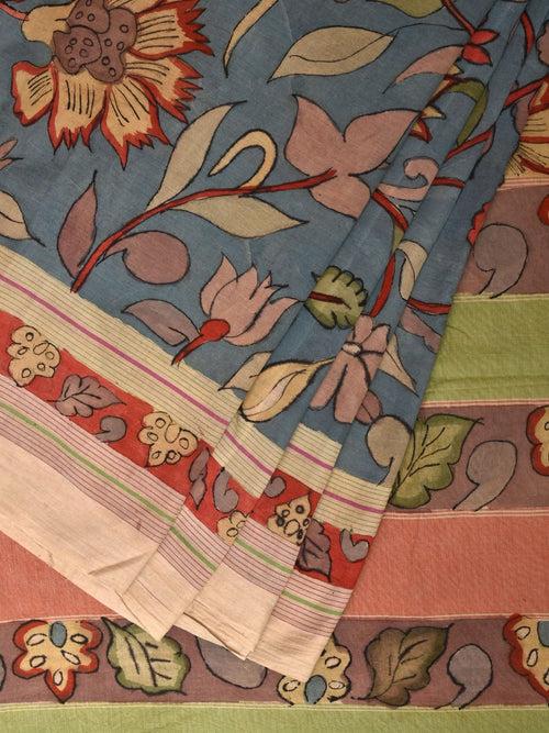 Blue Kalamkari Hand Painted Mangalgiri Cotton Handloom Saree with Floral Design KL0773