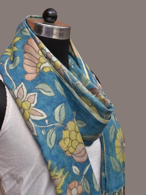 Blue Kalamkari Hand Painted Woolen Handloom Dupatta with Floral and Peacock Design ds3540