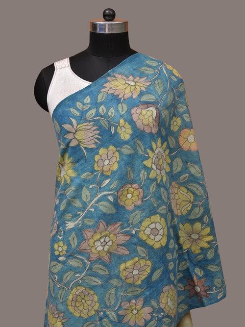 Blue Kalamkari Hand Painted Woolen Handloom Dupatta with Floral and Peacock Design ds3540