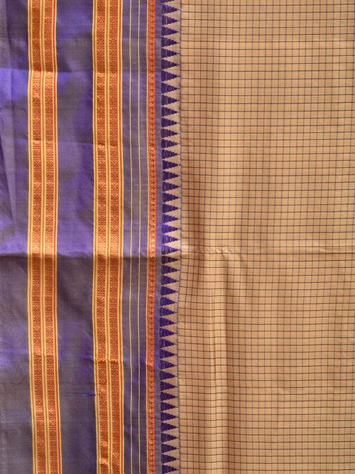 Cream and Blue Narayanpet Silk Handloom Saree with Checks Design No Blouse np0825