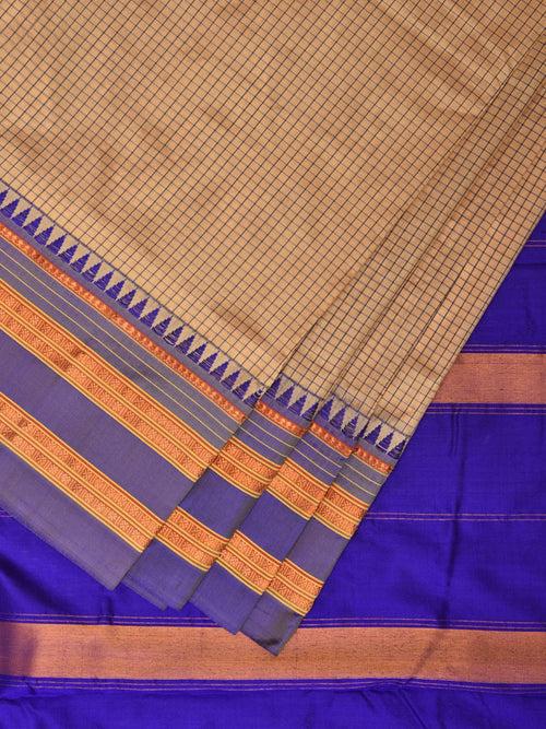 Cream and Blue Narayanpet Silk Handloom Saree with Checks Design No Blouse np0825